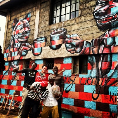 Nairobi, Kenya 2013: "Two Hyenas" encourages Kibera residents not to fight each other on behalf of "hyenas" (Kenyan slang for corrupt politicians). Kibera Walls for Peace youth arts project in one of Africa's largest slums; working toward peace for the elections through public art and peace-building workshops with local youth. 