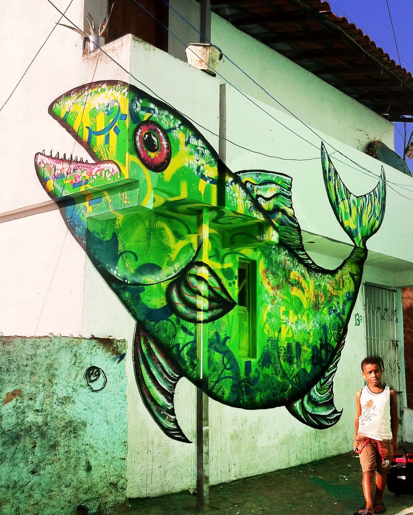 Salvador da Bahia, Brazil: Joel's contribution to the MUSAS outdoor street art/ graffiti art gallery and social project organized by the Nova 10ordem graffiti crew.